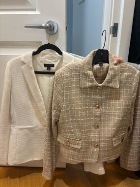 Ann Taylor Ivory Textured Single-Button Blazer and Brown Plaid Blazer